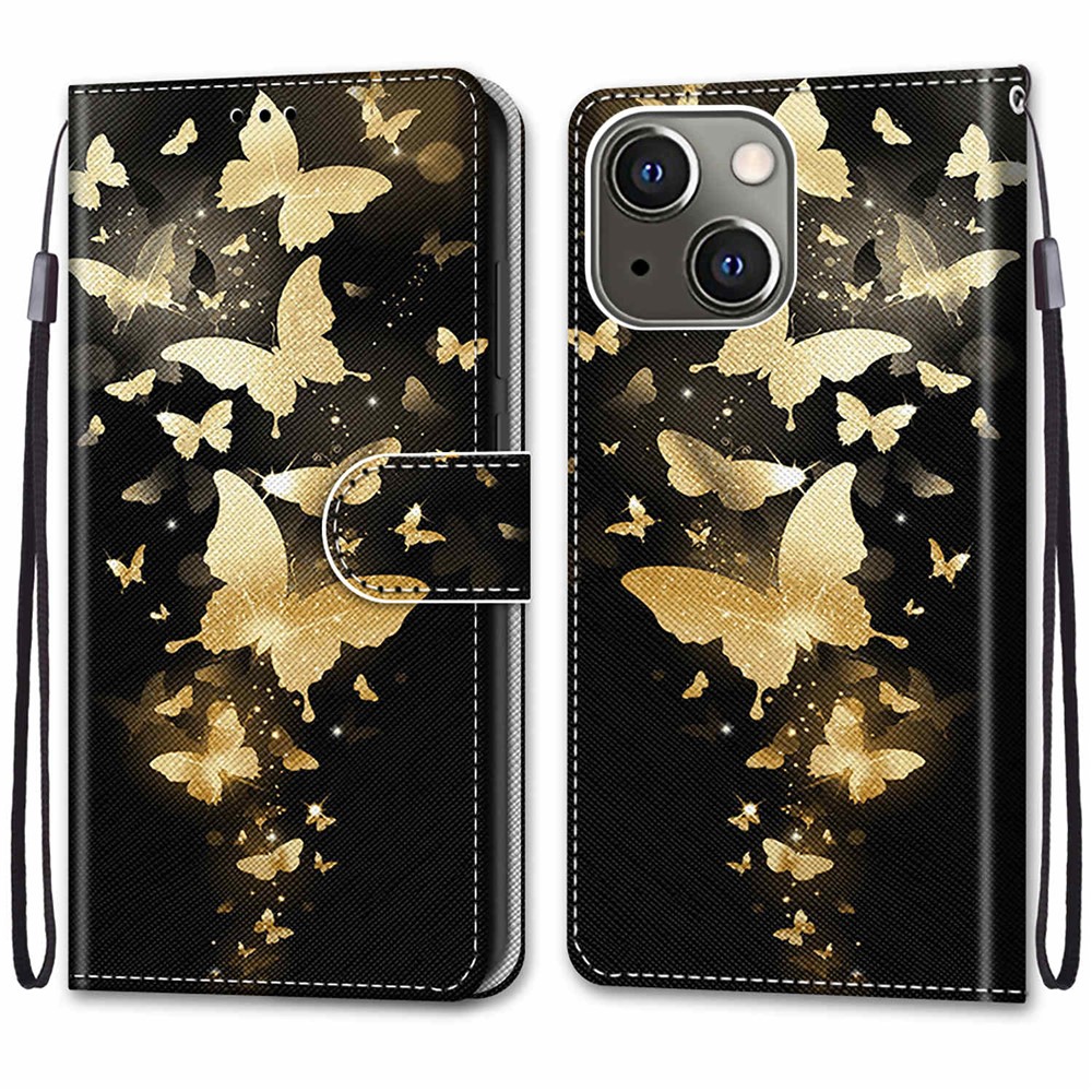 Pattern Printing Design Foldable Stand Leather Cover Wallet Phone Case with Handy Strap for iPhone 13 mini 5.4 inch - Golden Butterflies
