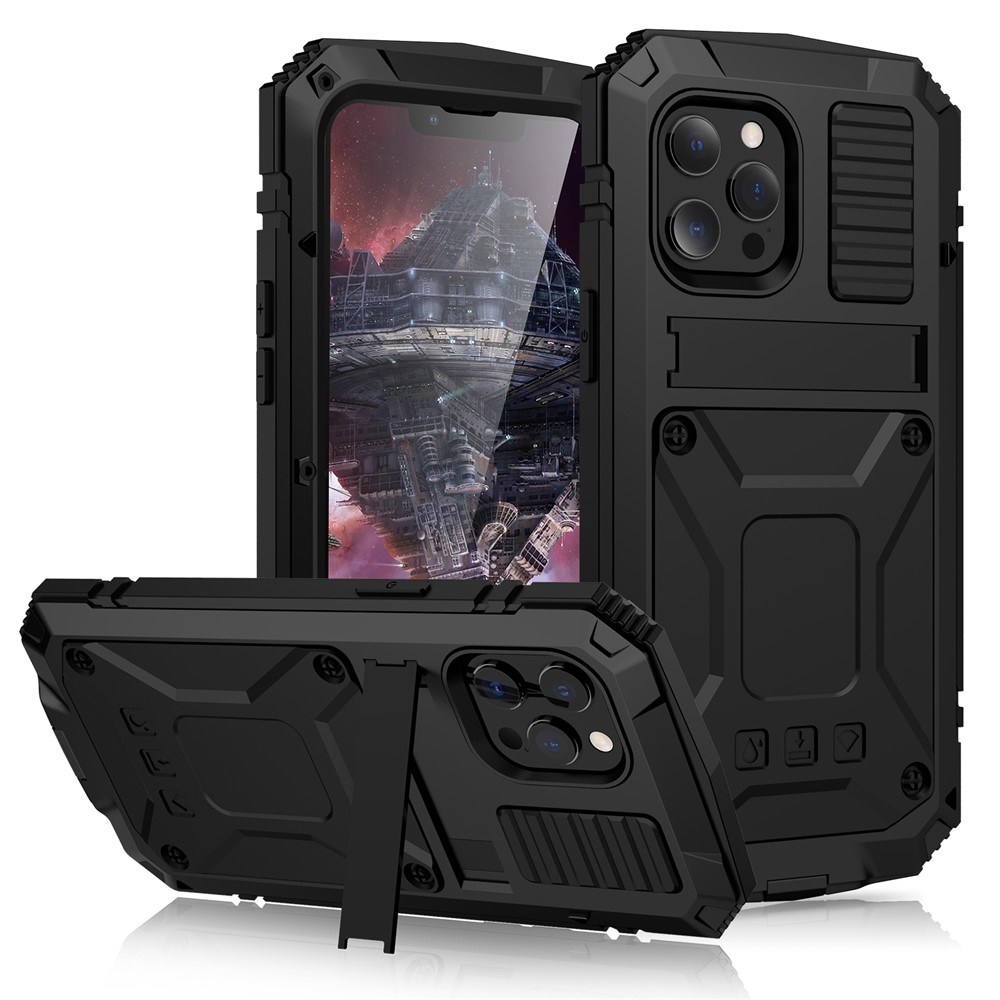 R-JUST Metal Shockproof Bumper Frame Silicone Heavy Duty Kickstand Case with Tempered Glass Protector for iPhone 13 mini 5.4 inch - Black