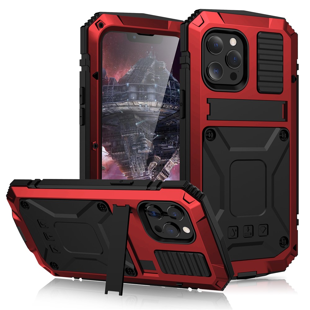 R-JUST Metal Shockproof Bumper Frame Silicone Heavy Duty Kickstand Case with Tempered Glass Protector for iPhone 13 mini 5.4 inch - Red