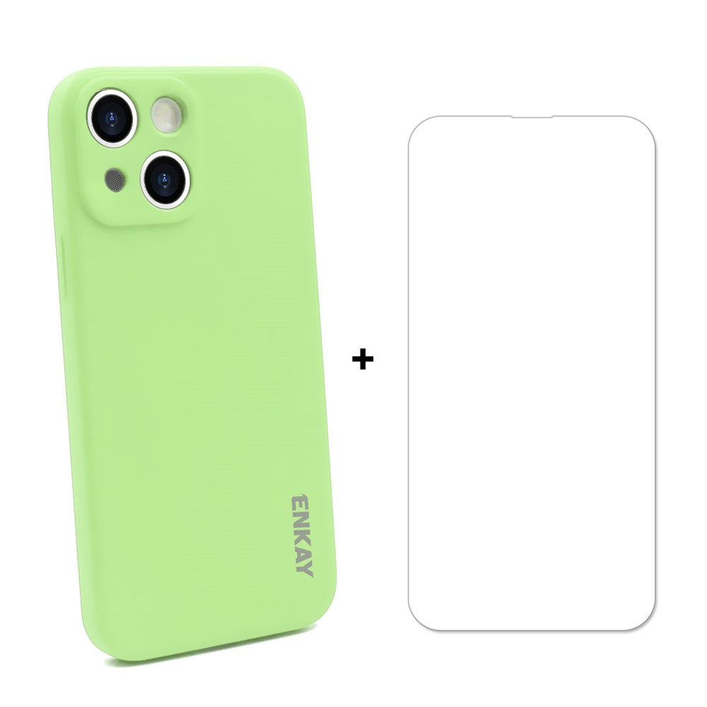 ENKAY HAT PRINCE Anti-Scratch Straight Edging Liquid Silicone Phone Cover Case + Super Tough 0.26mm 9H 2.5D Tempered Glass Ultra Clear Protector for iPhone 13 mini 5.4 inch - Light Green
