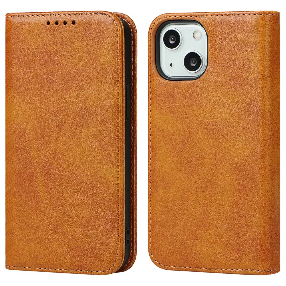 Wallet Stand Design Magnetic Auto-absorbed Leather Phone Case Cover for iPhone 13 mini 5.4 inch - Light Brown