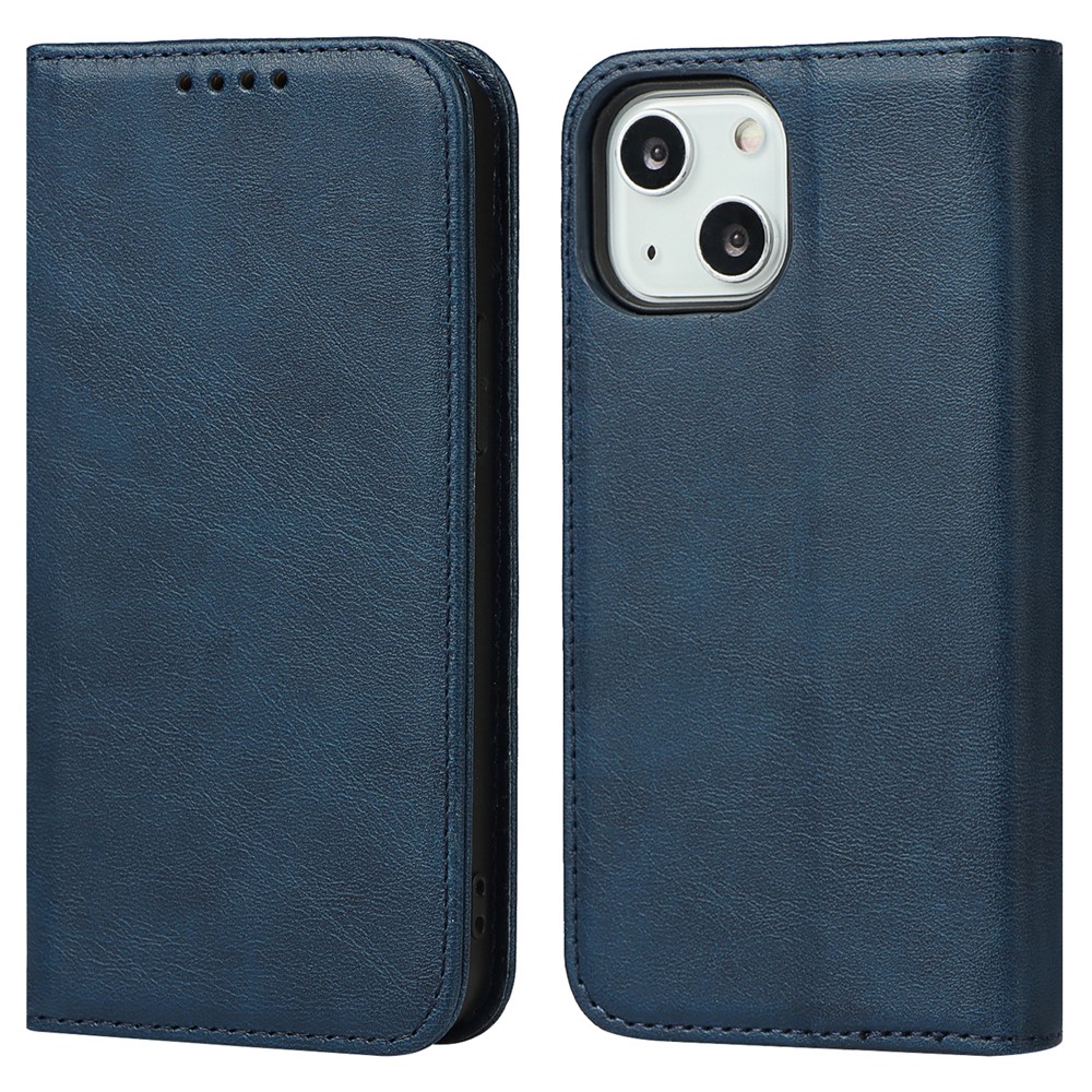 Wallet Stand Design Magnetic Auto-absorbed Leather Phone Case Cover for iPhone 13 mini 5.4 inch - Dark Blue