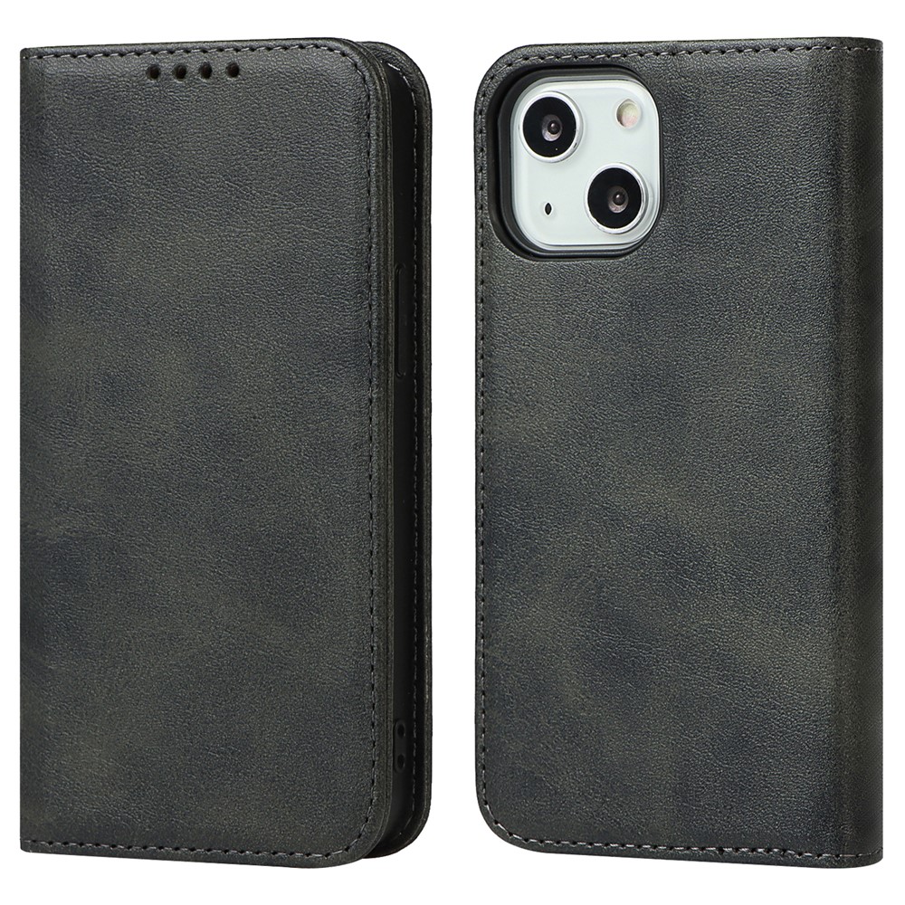 Wallet Stand Design Magnetic Auto-absorbed Leather Phone Case Cover for iPhone 13 mini 5.4 inch - Black