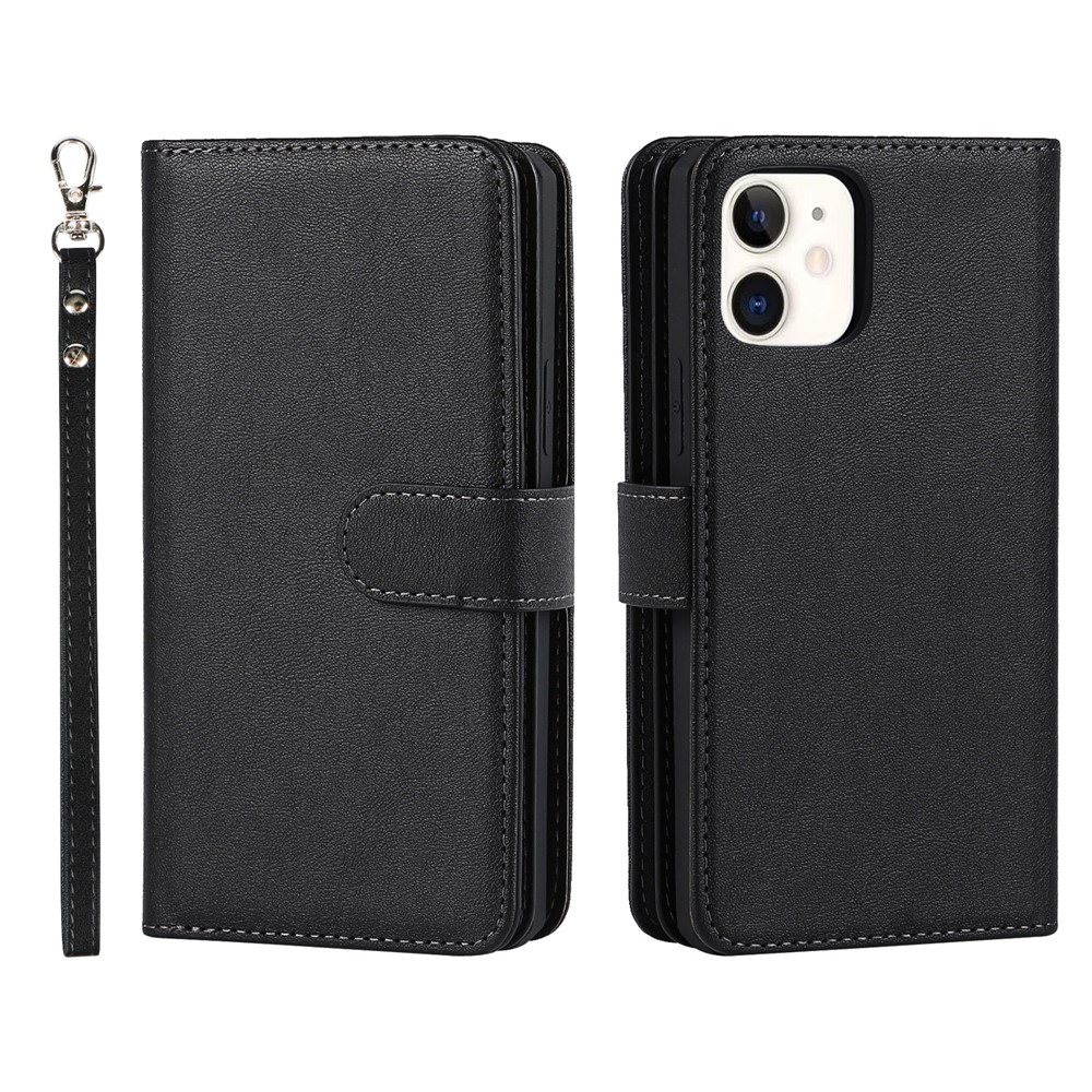 For iPhone 12 mini 5.4 inch Detachable Design PU Leather Wallet Stand Phone Case Shell with Wrist Strap - Black