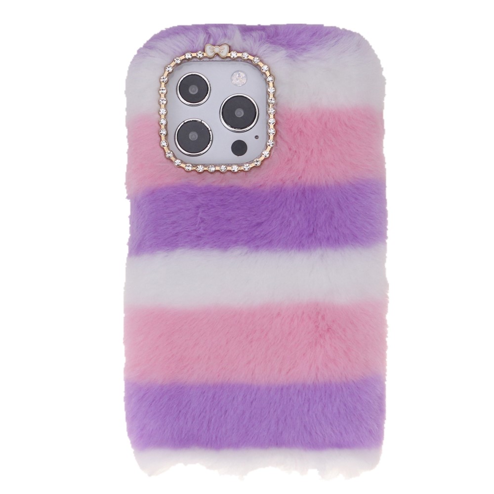 Wholesale Rainbow Furry Fluffy Phone Case Soft TPU Back Cover with Bling Rhinestone for iPhone