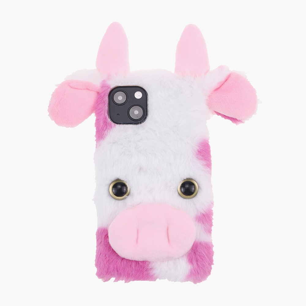 Cute 3D Cartoon Dairy Cattle Fluffy Hairy Cover Soft Furry TPU Protective Shell with Bling Rhinestone for iPhone 13 mini 5.4 inch - White