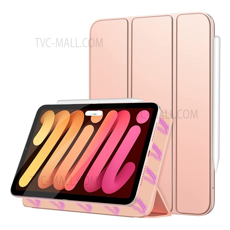 Magnetic Absorption Tri-fold Stand PU Leather Tablet Case Shell with Auto Wake/Sleep Function for iPad mini (2021) - Rose Gold-1