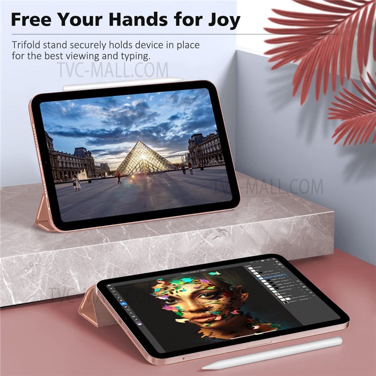 Magnetic Absorption Tri-fold Stand PU Leather Tablet Case Shell with Auto Wake/Sleep Function for iPad mini (2021) - Rose Gold-6