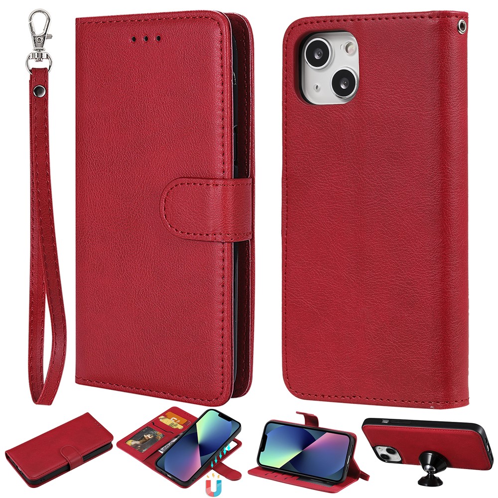 For iPhone 13 mini Case 2 in 1 Detachable Magnetic Leather Wallet Mobile Cover with Strap - Brown