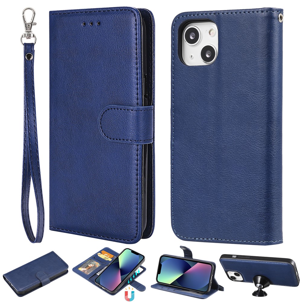 For iPhone 13 mini Case 2 in 1 Detachable Magnetic Leather Wallet Mobile Cover with Strap - Blue