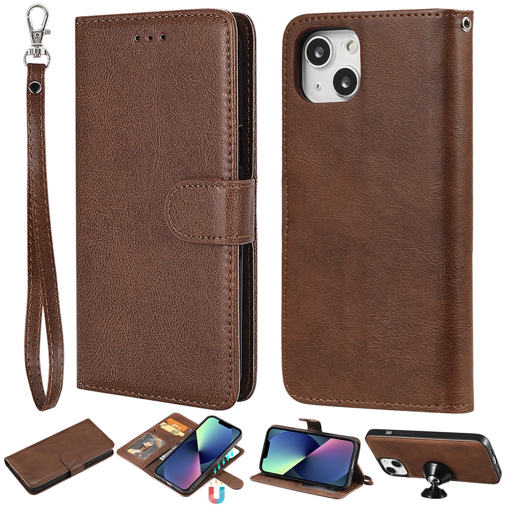 For iPhone 13 mini Case 2 in 1 Detachable Magnetic Leather Wallet Mobile Cover with Strap - Red