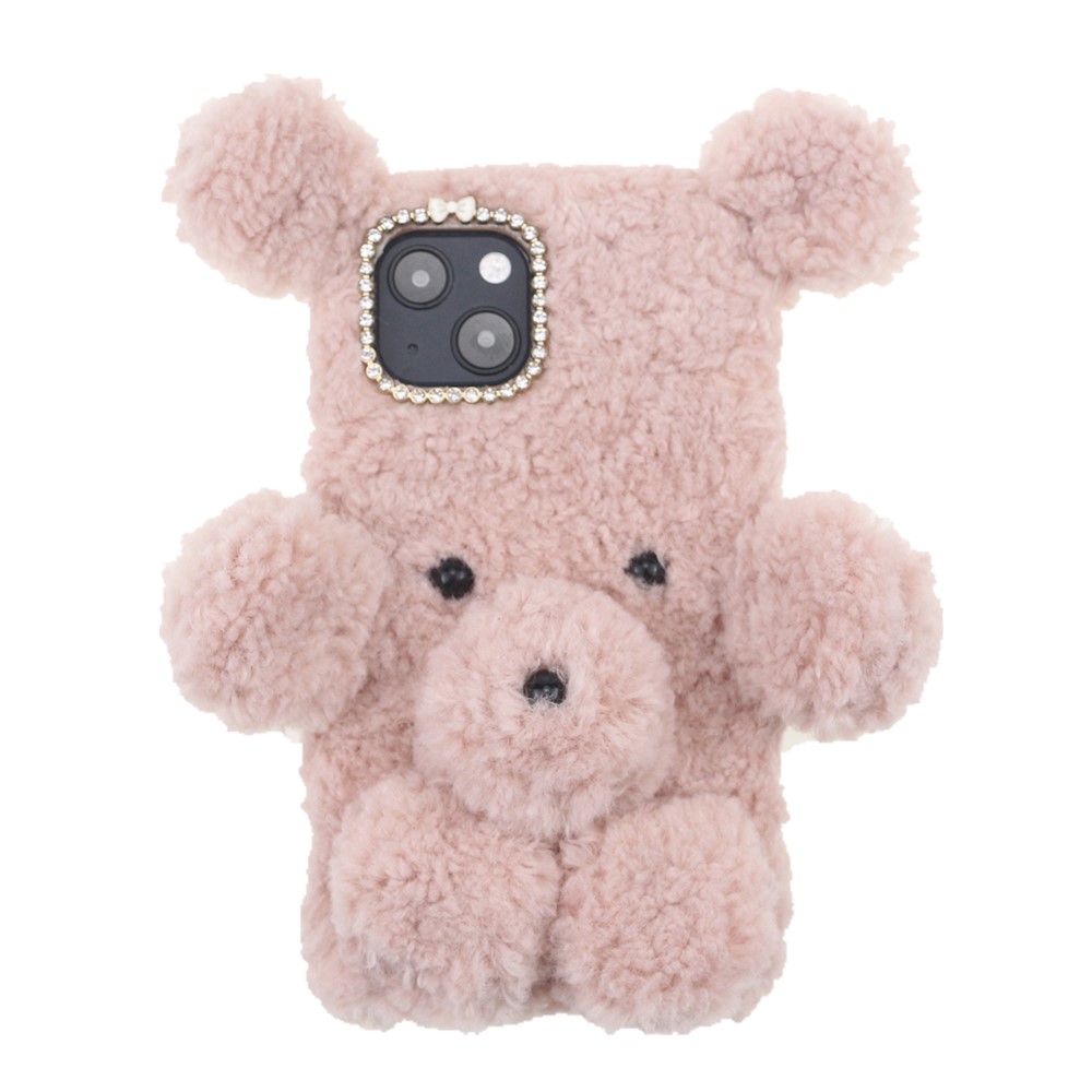 3D Fluffy Bear Doll Soft TPU Cover Cell Phone Case Shell for iPhone 13 mini 5.4 inch - Pink