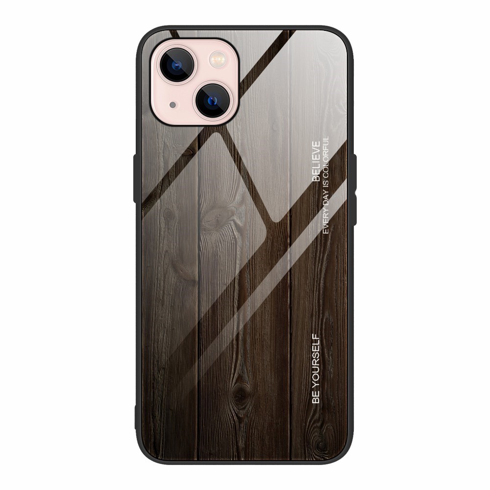 Wood Grain Design TPU + Tempered Glass Back Phone Case Cover for iPhone 13 mini 5.4 inch - Style 1
