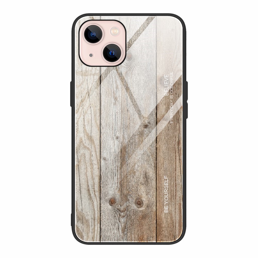 Wood Grain Design TPU + Tempered Glass Back Phone Case Cover for iPhone 13 mini 5.4 inch - Style 2
