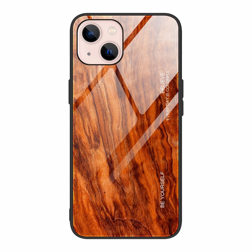 Wood Grain Design TPU + Tempered Glass Back Phone Case Cover for iPhone 13 mini 5.4 inch - Style 5