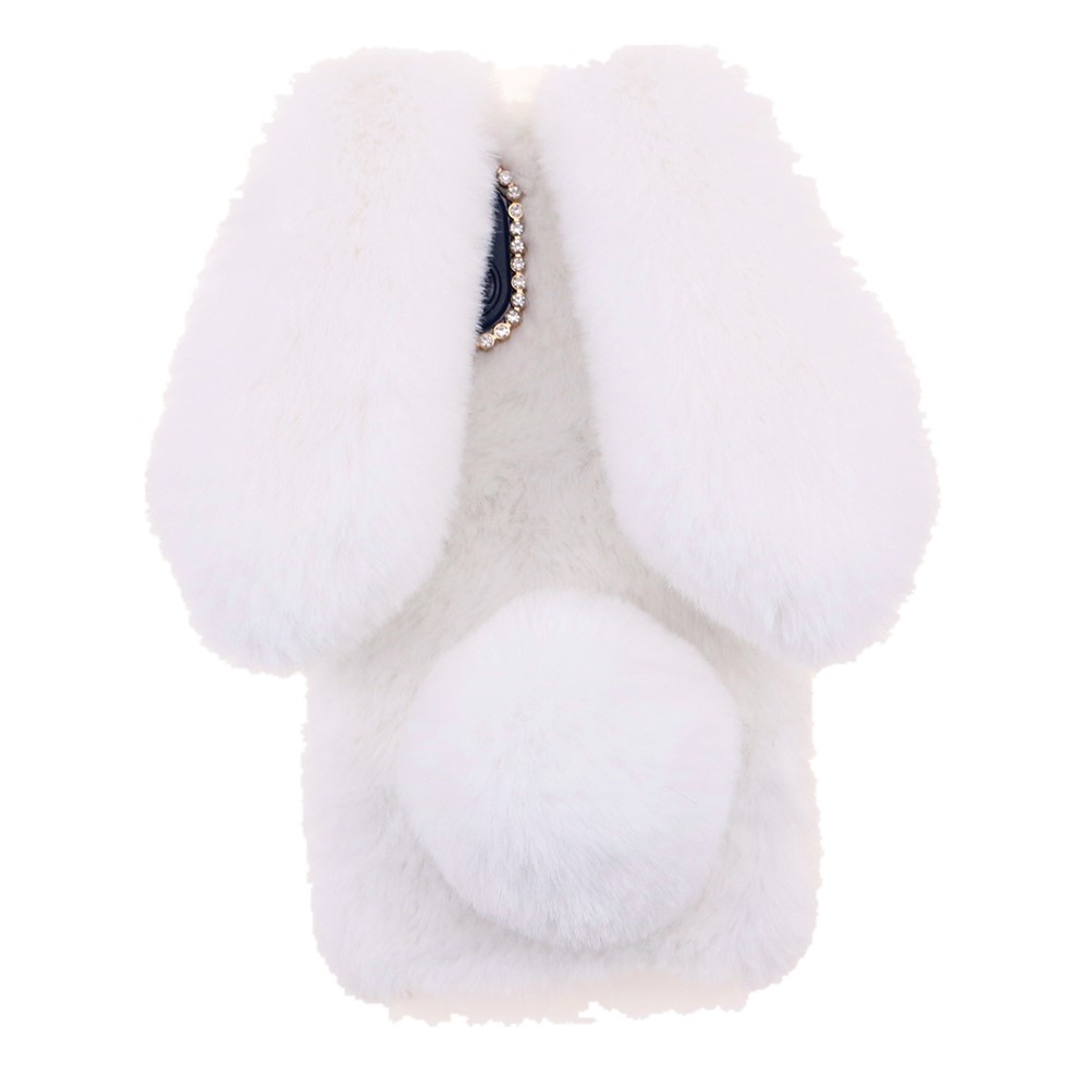 Bling Rhinestone Decor 3D Bunny Ears Soft Furry TPU Bumper Protective Skin Cover for iPhone 13 mini 5.4 inch - White