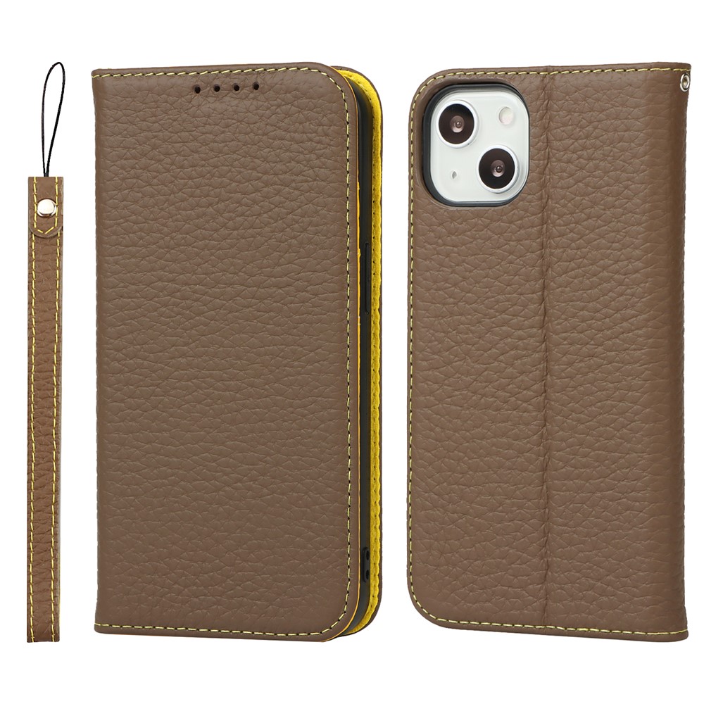 Litchi Texture TPU and Genuine Leather Phone Cover Wallet Stand Phone Case with Strap for iPhone 13 mini 5.4 inch - Khaki