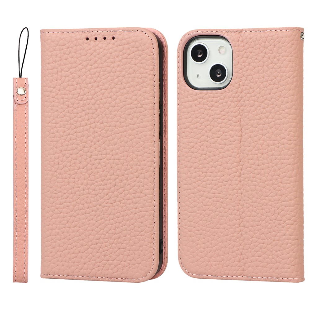 Litchi Texture TPU and Genuine Leather Phone Cover Wallet Stand Phone Case with Strap for iPhone 13 mini 5.4 inch - Pink