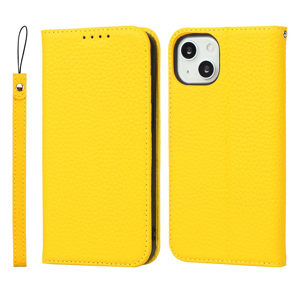 Litchi Texture TPU and Genuine Leather Phone Cover Wallet Stand Phone Case with Strap for iPhone 13 mini 5.4 inch - Yellow