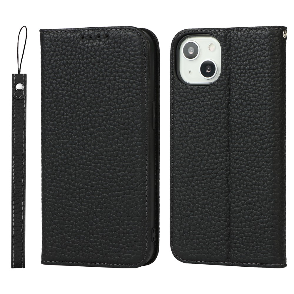 Litchi Texture TPU and Genuine Leather Phone Cover Wallet Stand Phone Case with Strap for iPhone 13 mini 5.4 inch - Black