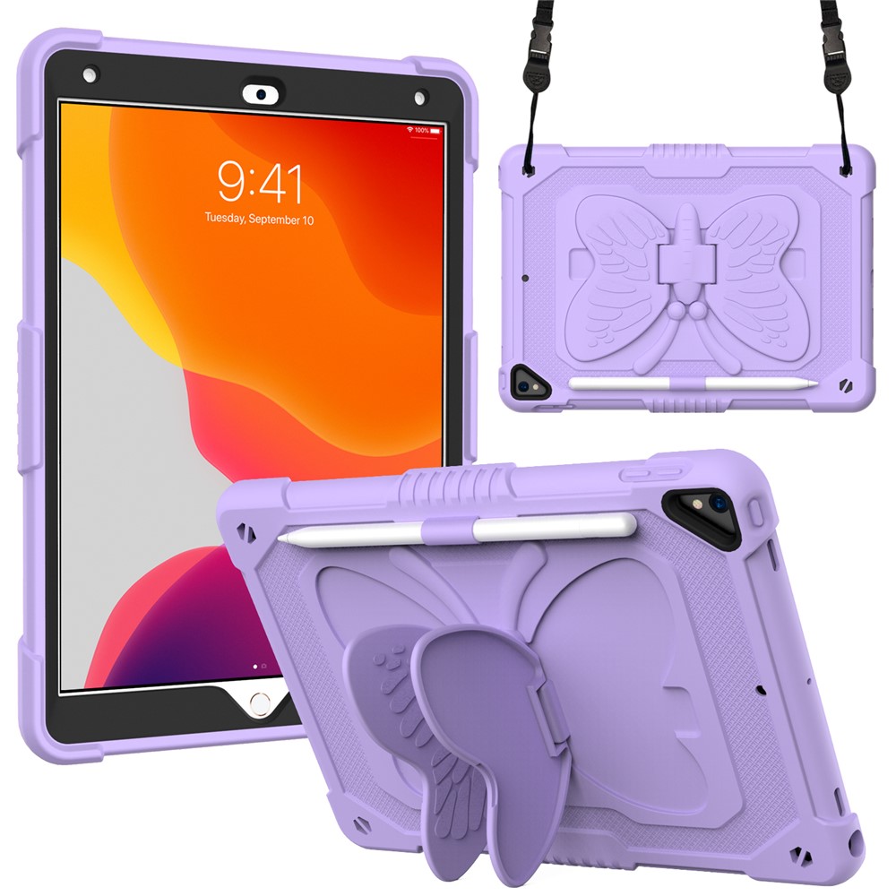 Butterfly Shape Kickstand Design Solid Color PC + Silicone Shockproof Tablet Cover Shell with Shoulder Strap for iPad 10.2 (2021) / (2020) / (2019) - Purple