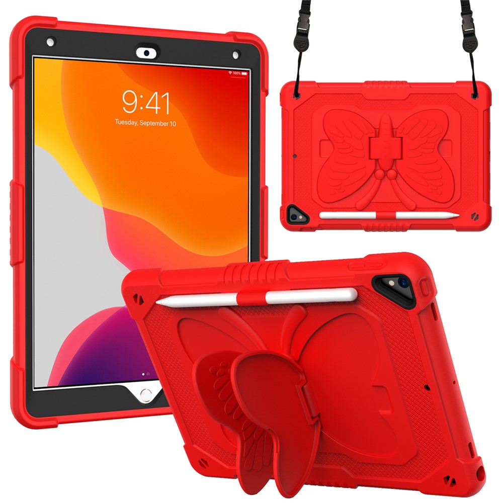 Butterfly Shape Kickstand Design Solid Color PC + Silicone Shockproof Tablet Cover Shell with Shoulder Strap for iPad 10.2 (2021) / (2020) / (2019) - Red