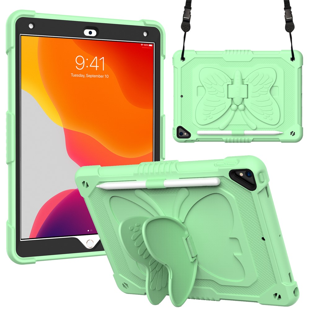 Butterfly Shape Kickstand Design Solid Color PC + Silicone Shockproof Tablet Cover Shell with Shoulder Strap for iPad 10.2 (2021) / (2020) / (2019) - Green