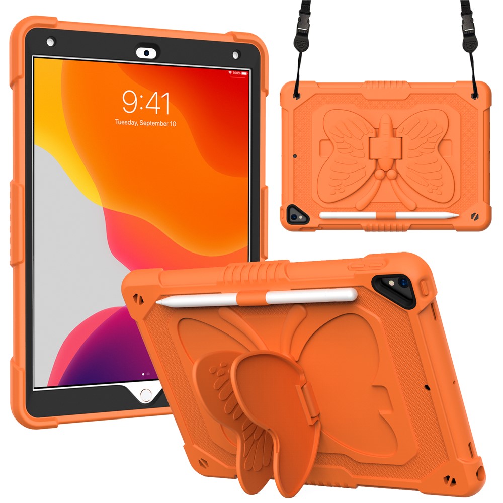 Butterfly Shape Kickstand Design Solid Color PC + Silicone Shockproof Tablet Cover Shell with Shoulder Strap for iPad 10.2 (2021) / (2020) / (2019) - Orange