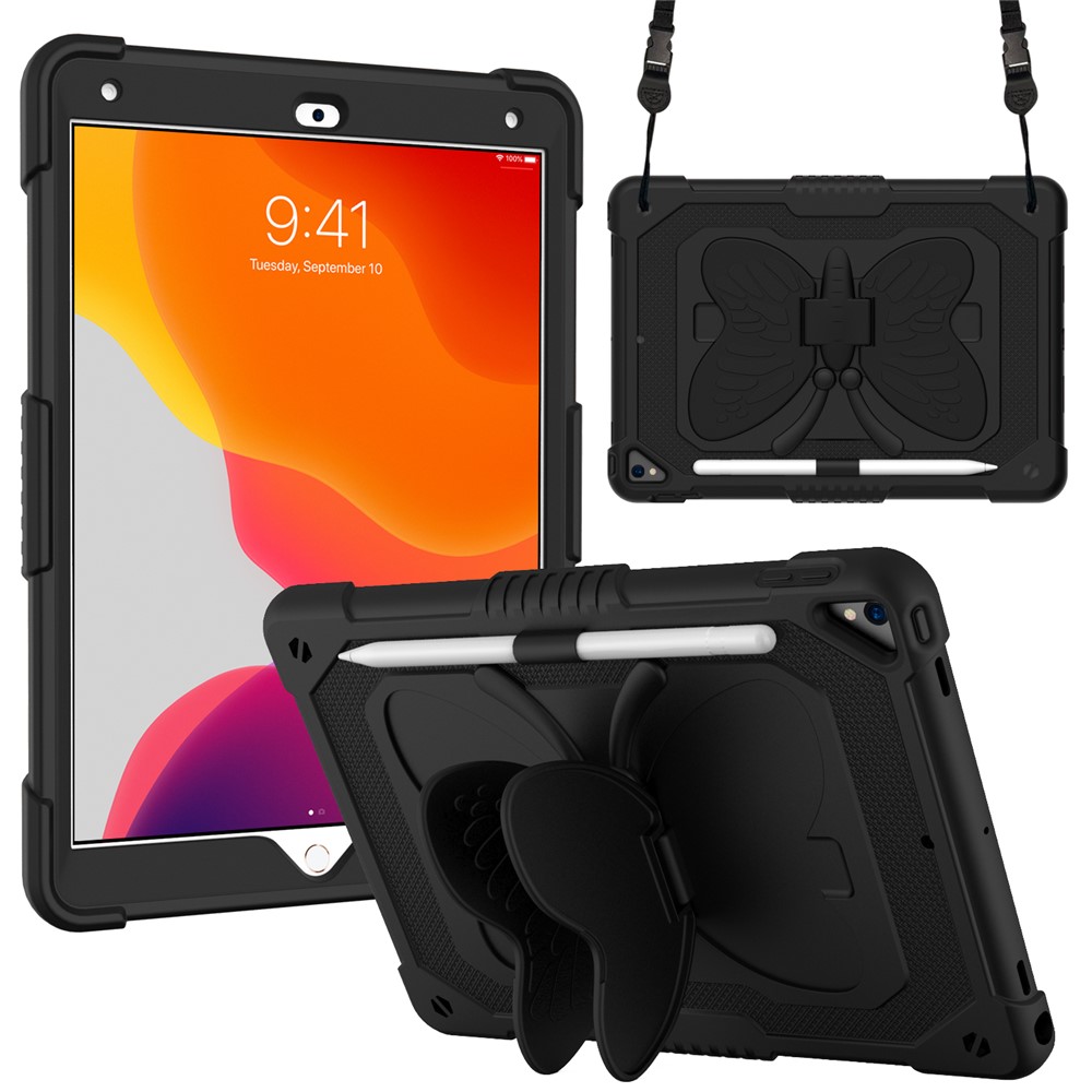 Butterfly Shape Kickstand Design Solid Color PC + Silicone Shockproof Tablet Cover Shell with Shoulder Strap for iPad 10.2 (2021) / (2020) / (2019) - Black