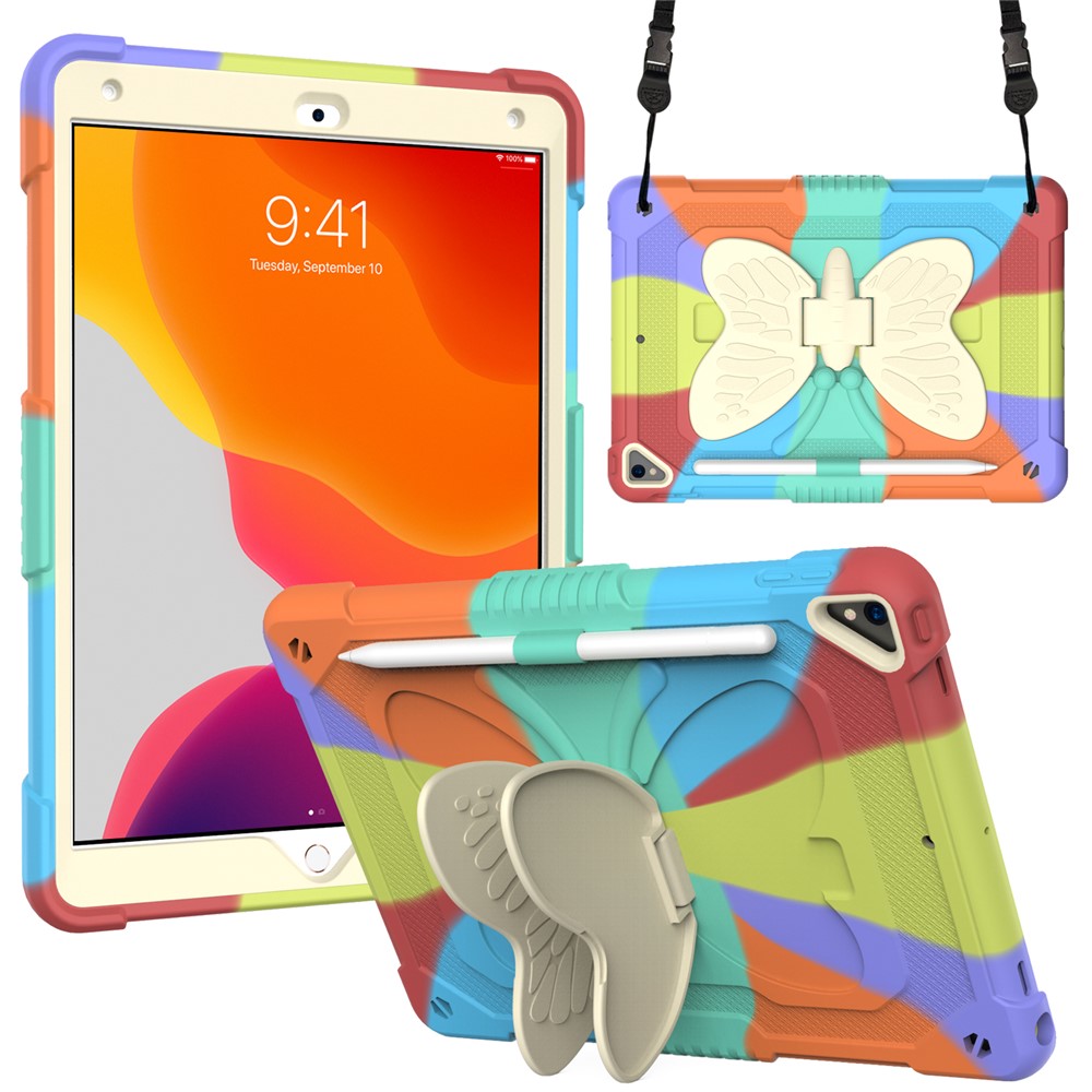 Dual-color PC + Silicone Butterfly Shape Kickstand Tablet Cover Case with Shoulder Strap for iPad 10.2 (2021)/(2020)/(2019) - Colorful/Red
