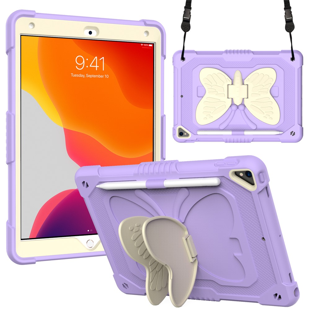 Dual-color PC + Silicone Butterfly Shape Kickstand Tablet Cover Case with Shoulder Strap for iPad 10.2 (2021)/(2020)/(2019) - Beige/Light Purple