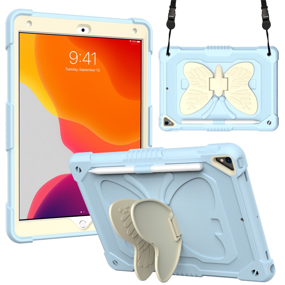 Dual-color PC + Silicone Butterfly Shape Kickstand Tablet Cover Case with Shoulder Strap for iPad 10.2 (2021)/(2020)/(2019) - Beige/Ice Blue