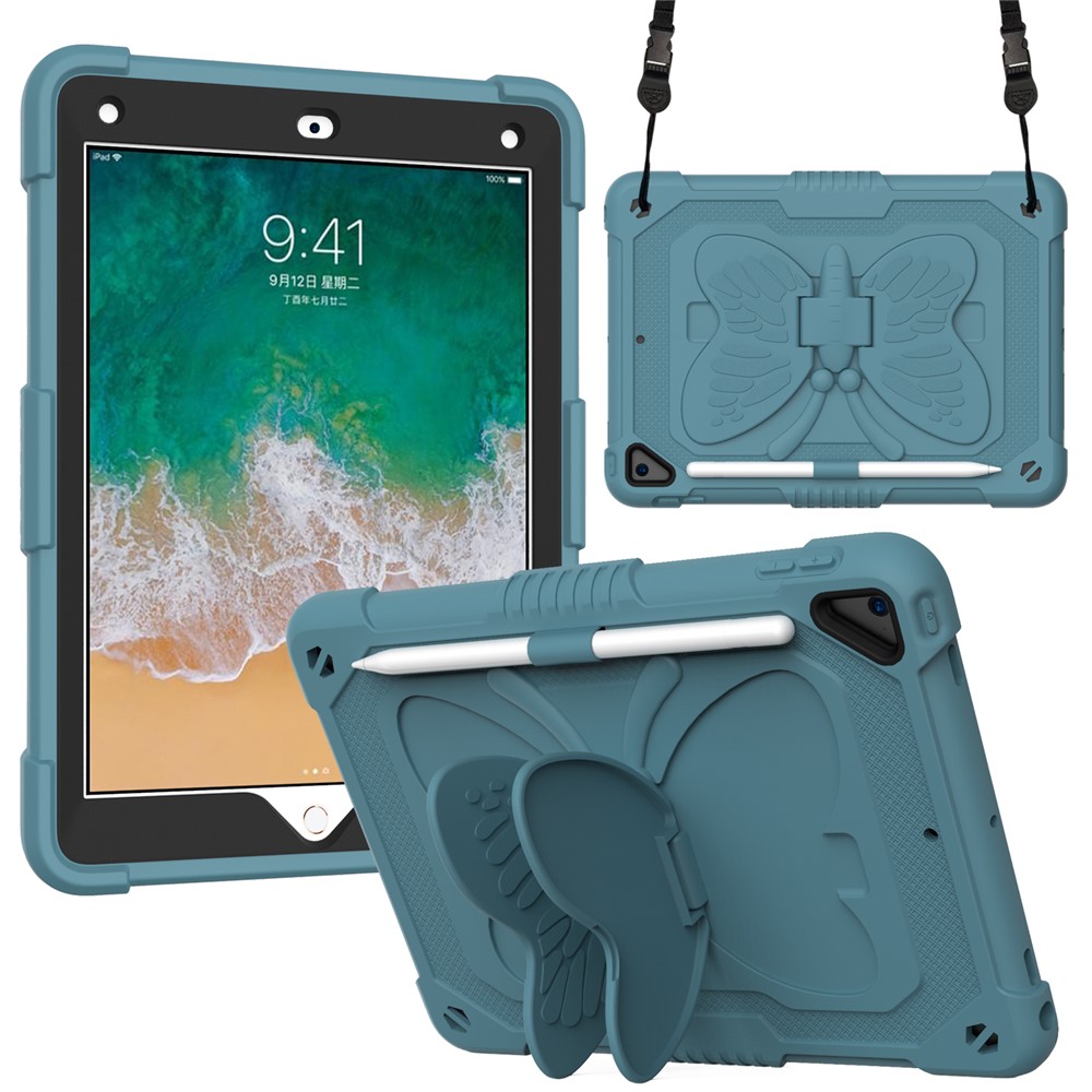 Butterfly Shape Kickstand PC + Silicone Tablet Case Cover with Shoulder Strap for iPad 9.7-inch (2018)/(2017)/iPad Air 2 - Blackish Green