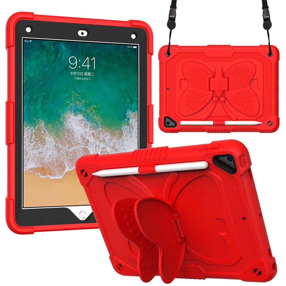 Butterfly Shape Kickstand PC + Silicone Tablet Case Cover with Shoulder Strap for iPad 9.7-inch (2018)/(2017)/iPad Air 2 - Red