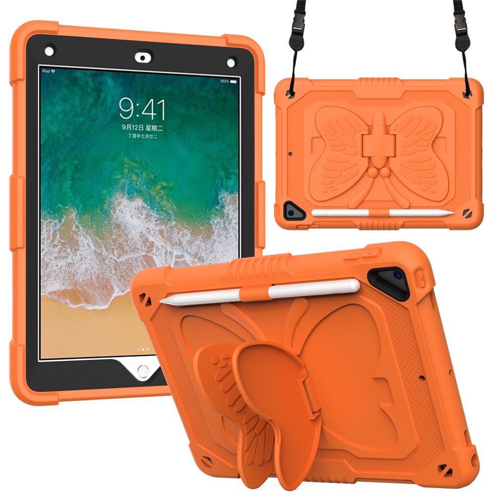 Butterfly Shape Kickstand PC + Silicone Tablet Case Cover with Shoulder Strap for iPad 9.7-inch (2018)/(2017)/iPad Air 2 - Orange