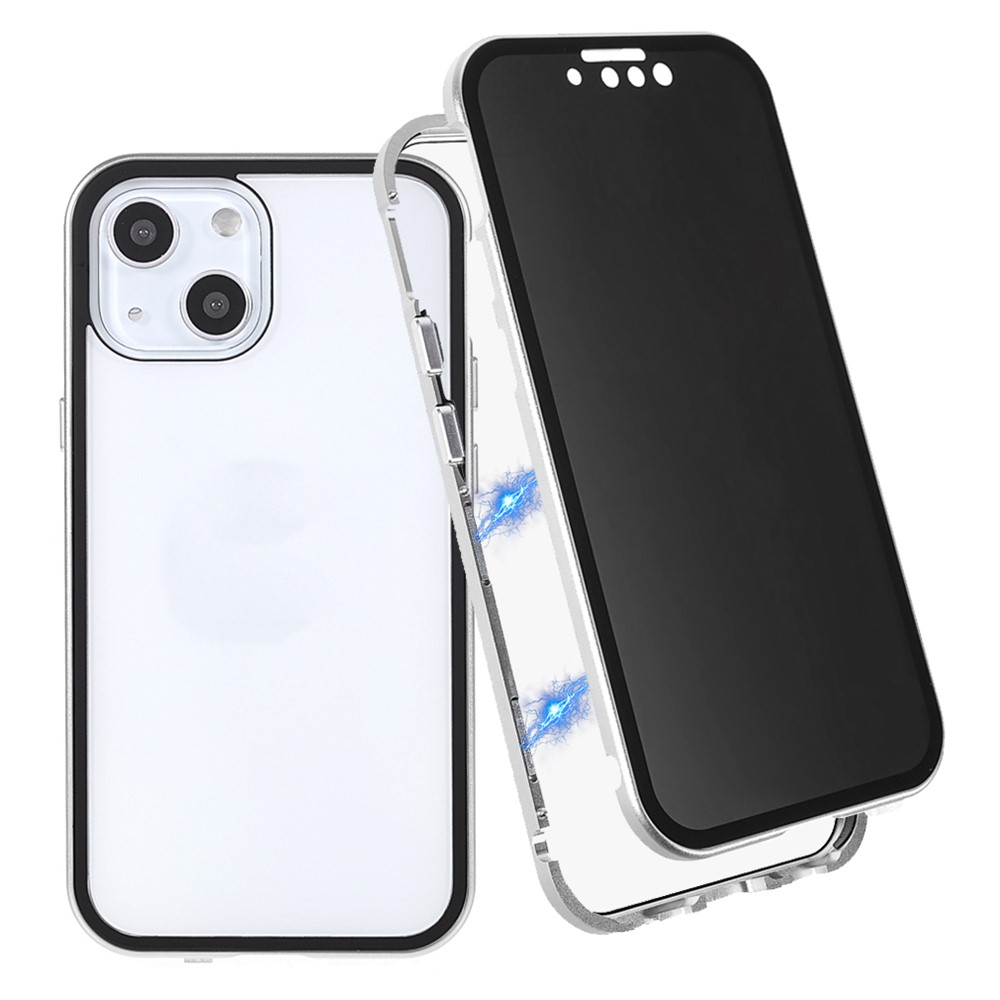Scratch-Resistant Powerful Magnetic Metal Frame + Double-Sided Tempered Glass 35 Degrees Anti-Peep Phone Case for iPhone 13 mini 5.4 inch - Silver