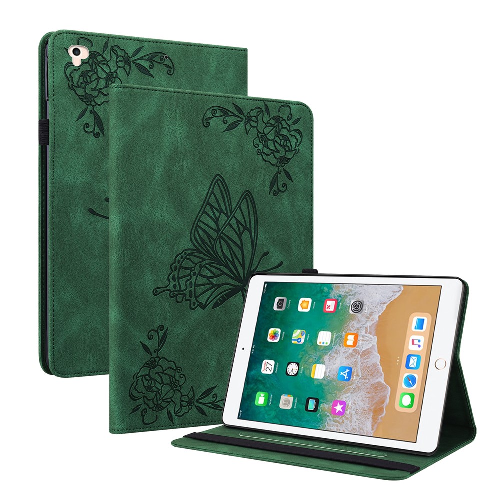 Viewing Stand Butterfly Flower Pattern Imprinting Leather Folio Cover with Elastic Band for iPad 9.7-inch (2018) / iPad 9.7-inch (2017) / iPad Air 2 (iPad 6) / iPad Air (iPad 5) - Green