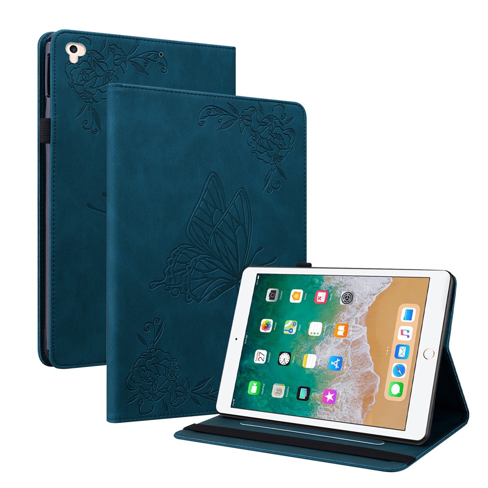 Viewing Stand Butterfly Flower Pattern Imprinting Leather Folio Cover with Elastic Band for iPad 9.7-inch (2018) / iPad 9.7-inch (2017) / iPad Air 2 (iPad 6) / iPad Air (iPad 5) - Blue