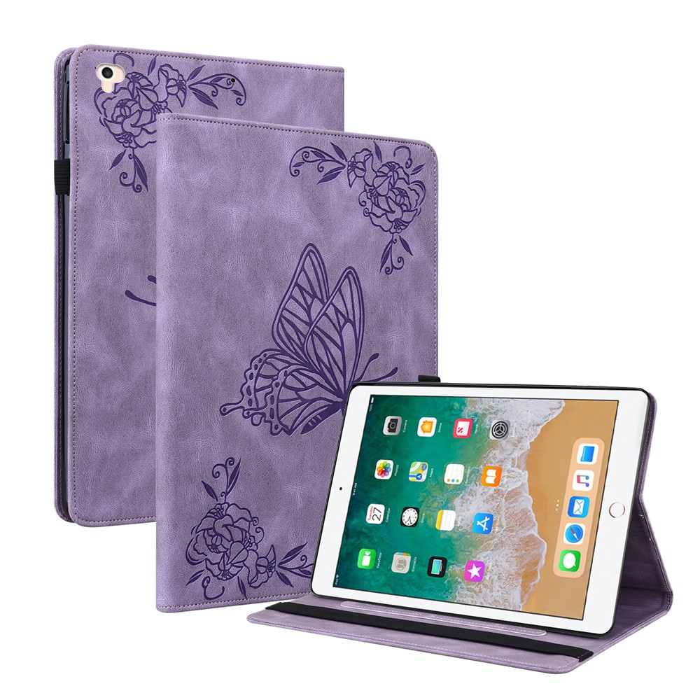 Viewing Stand Butterfly Flower Pattern Imprinting Leather Folio Cover with Elastic Band for iPad 9.7-inch (2018) / iPad 9.7-inch (2017) / iPad Air 2 (iPad 6) / iPad Air (iPad 5) - Purple