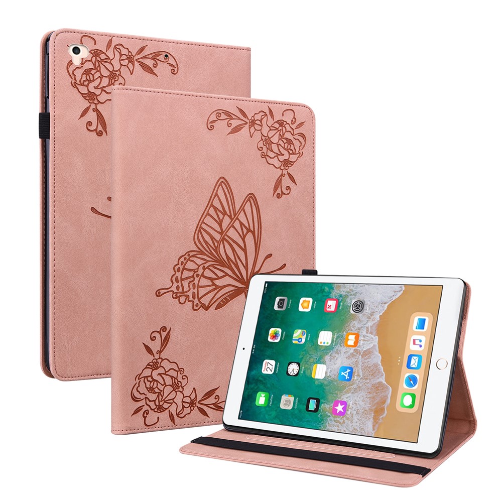 Viewing Stand Butterfly Flower Pattern Imprinting Leather Folio Cover with Elastic Band for iPad 9.7-inch (2018) / iPad 9.7-inch (2017) / iPad Air 2 (iPad 6) / iPad Air (iPad 5) - Pink