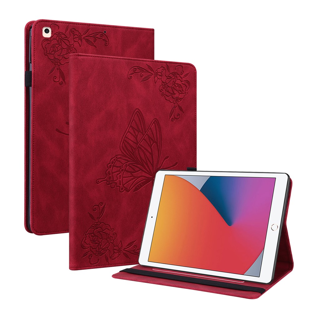 Imprinted Butterfly Flower PU Leather Stand Cover Card Slots Shockproof Folio Case with Elastic Band for iPad 10.2 (2021) / (2020) / (2019) - Red