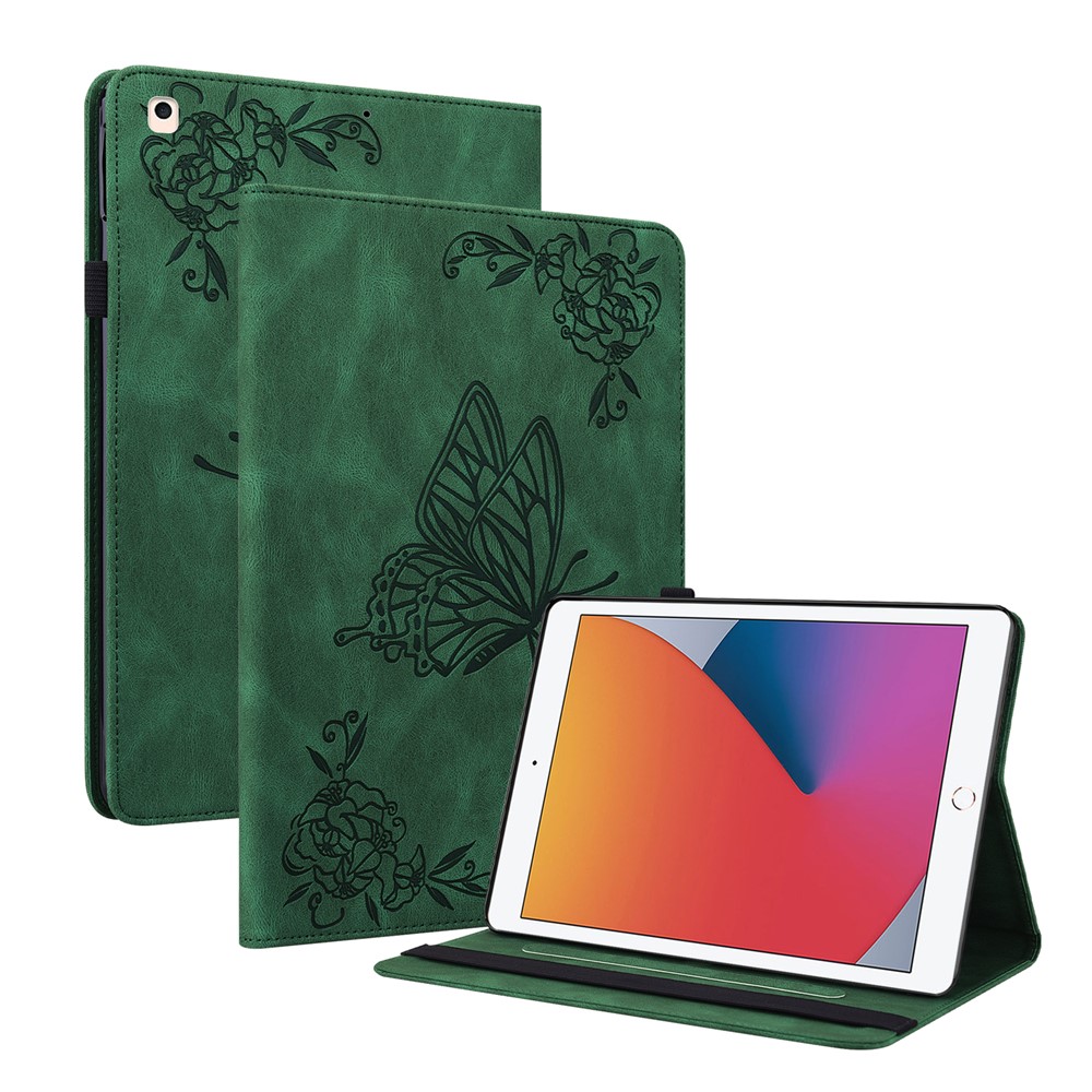 Imprinted Butterfly Flower PU Leather Stand Cover Card Slots Shockproof Folio Case with Elastic Band for iPad 10.2 (2021) / (2020) / (2019) - Green