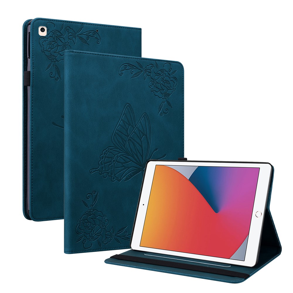 Imprinted Butterfly Flower PU Leather Stand Cover Card Slots Shockproof Folio Case with Elastic Band for iPad 10.2 (2021) / (2020) / (2019) - Blue