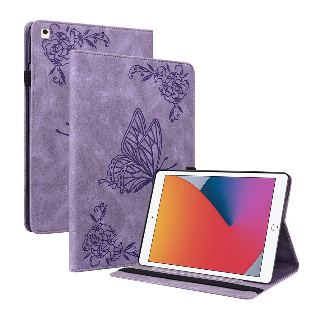 Imprinted Butterfly Flower PU Leather Stand Cover Card Slots Shockproof Folio Case with Elastic Band for iPad 10.2 (2021) / (2020) / (2019) - Purple
