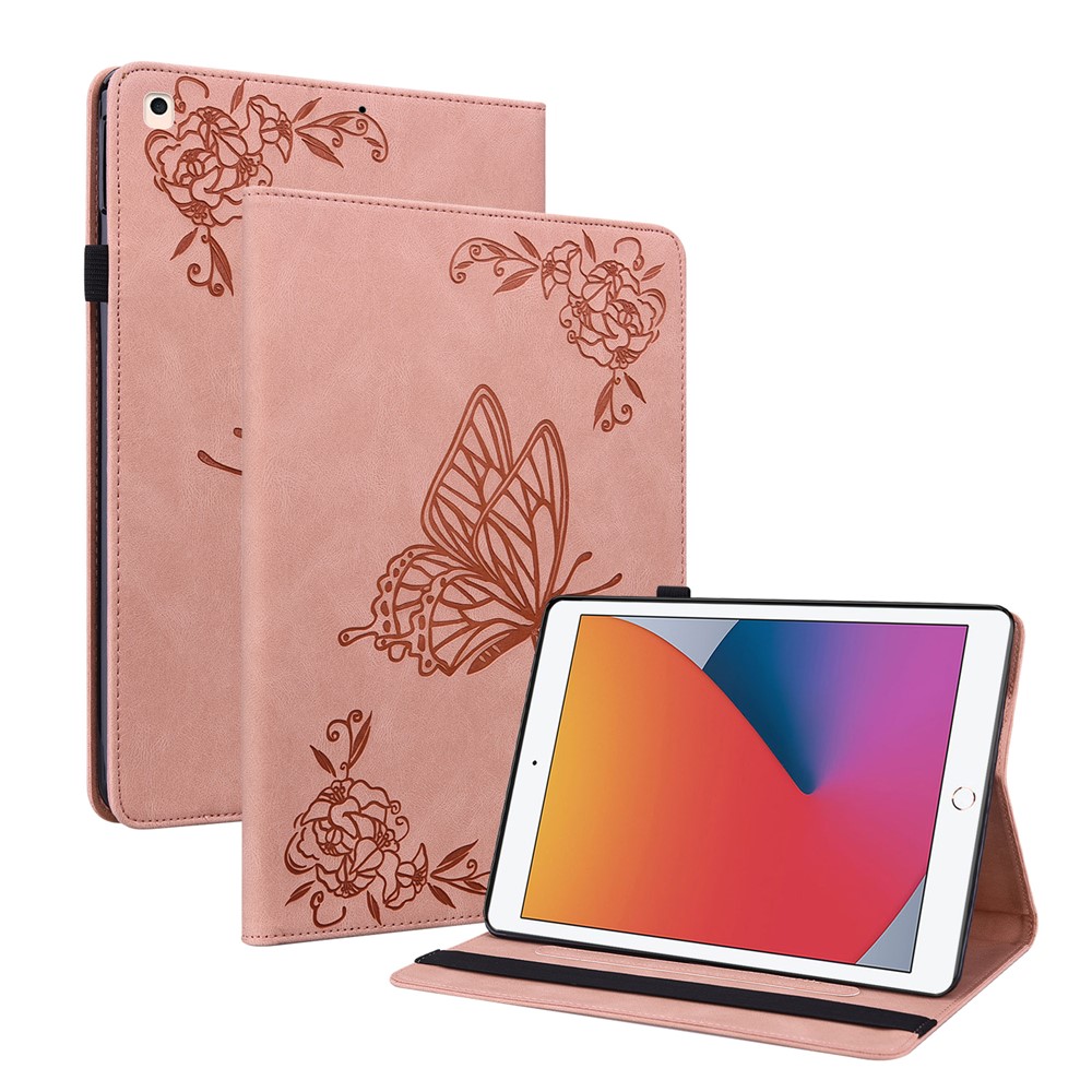 Imprinted Butterfly Flower PU Leather Stand Cover Card Slots Shockproof Folio Case with Elastic Band for iPad 10.2 (2021) / (2020) / (2019) - Pink