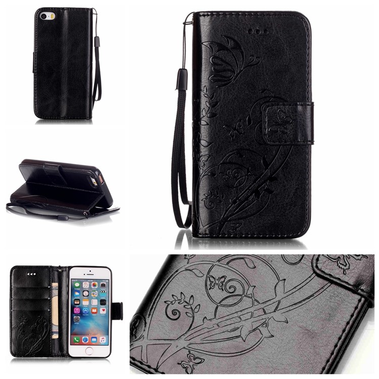 Imprint Butterfly Plant Leather Wallet Case for iPhone SE/5s/5 - Black