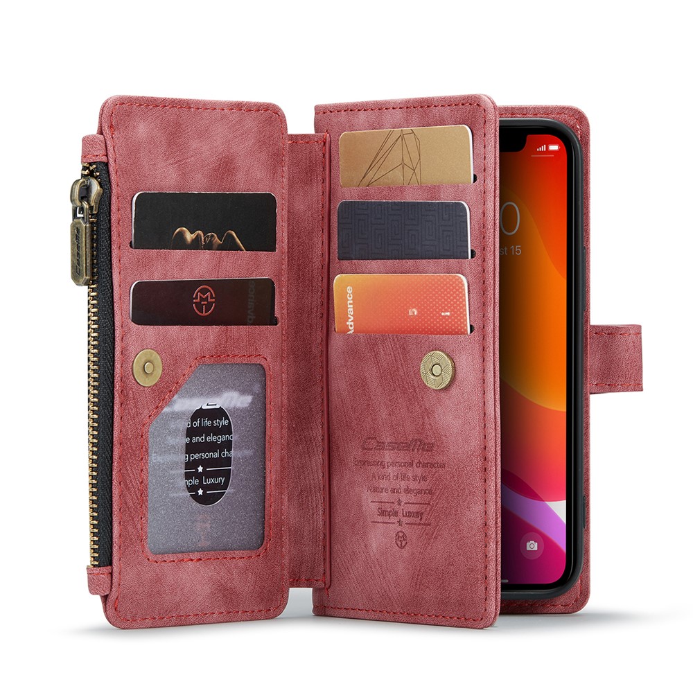 For iPhone 12 mini Phone Cases with Strap CASEME C30 Zipper Multiple Card Holder PU Leather Cover - Red
