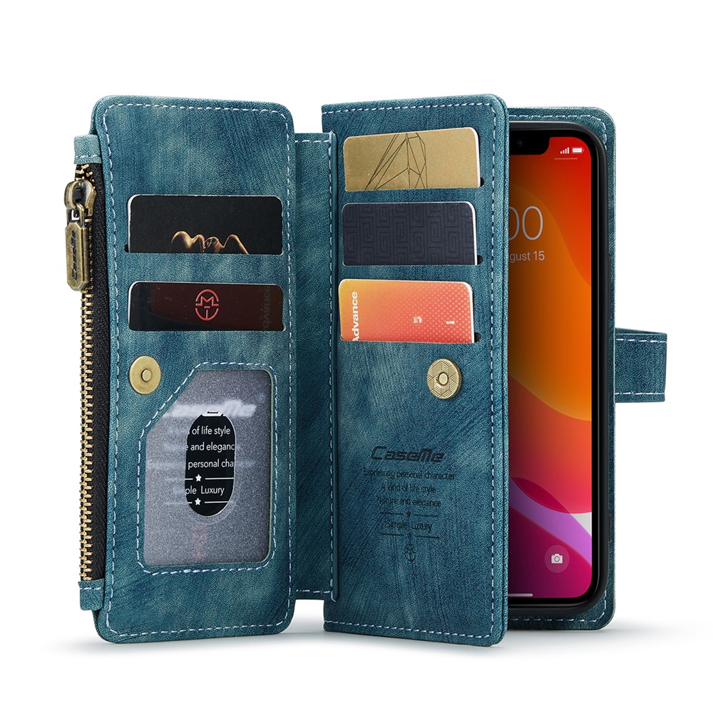 For iPhone 12 mini Phone Cases with Strap CASEME C30 Zipper Multiple Card Holder PU Leather Cover - Green