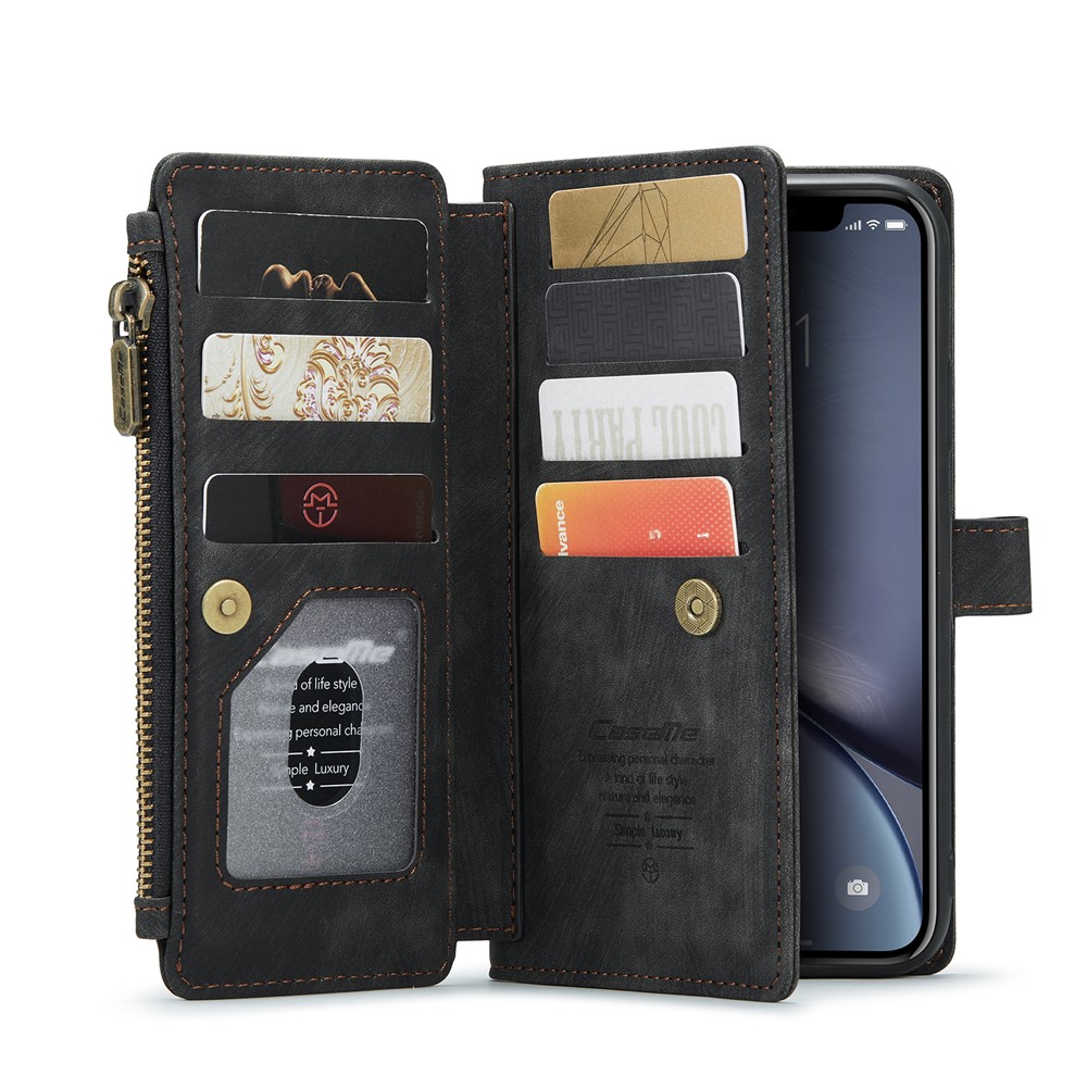 For iPhone XR Phone Cases with Strap CASEME C30 Zipper Multiple Card Holder PU Leather Cover - Black