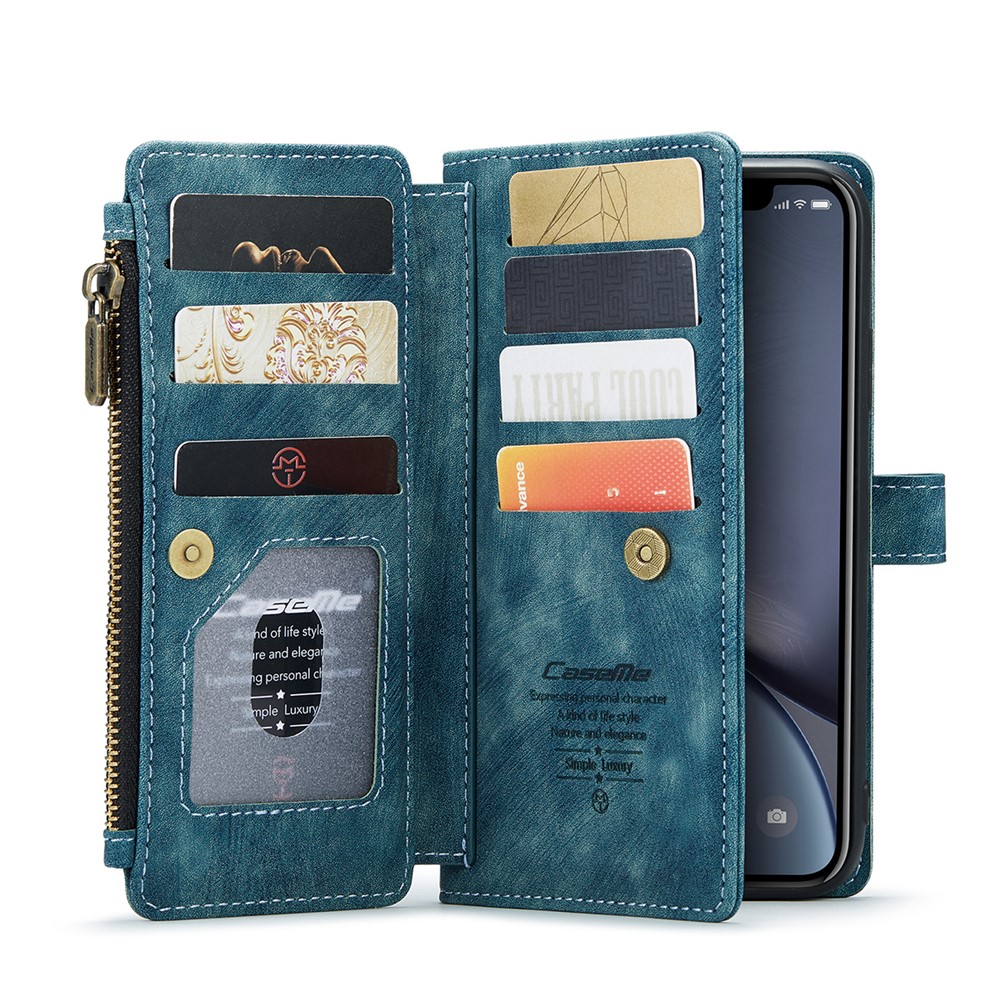 For iPhone XR Phone Cases with Strap CASEME C30 Zipper Multiple Card Holder PU Leather Cover - Green